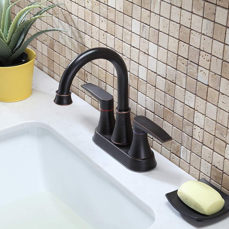 VALISY Lead-Free 2-Handle Oil Rubbed Bronze Bathroom Sink Faucet, 360Â° Swivel High-Arc Spout 4 Inch Centerset Bath Lavatory Vanity Faucets Set for Bathroom Sinks with Drain & Water Hoses, VABM80008H - Image 4